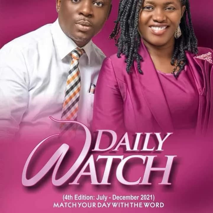 The cover of Daily Watch, fourth edition, July to December 2021 — Match Your Day with the Word — with a man and a woman in a plum-coloured design.