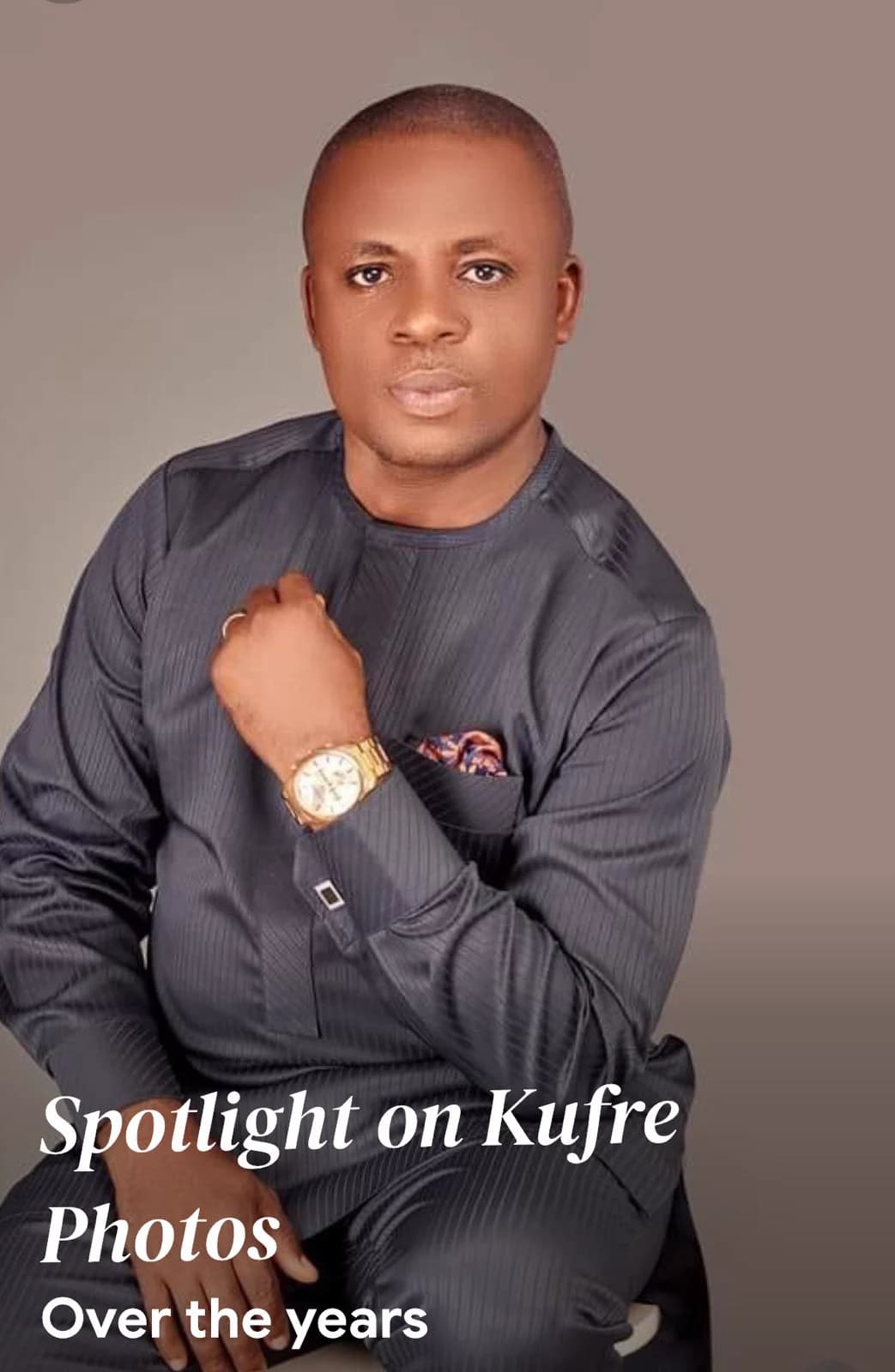 Kufre Okon seated in a black embroidered outfit and a gold watch, with the words Spotlight on Kufre — photos over the years — set into the frame.
