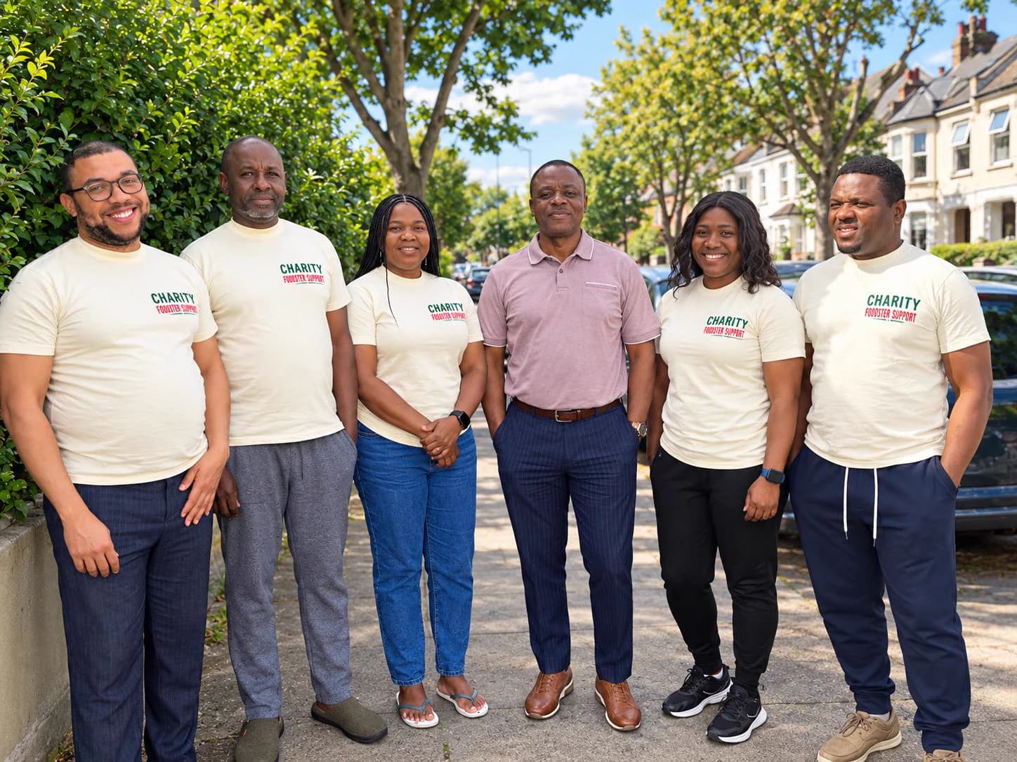 Six people standing together in the sunshine on a tree-lined residential street: five volunteers in cream Charity t-shirts and, in the middle, a man in a pink polo shirt.