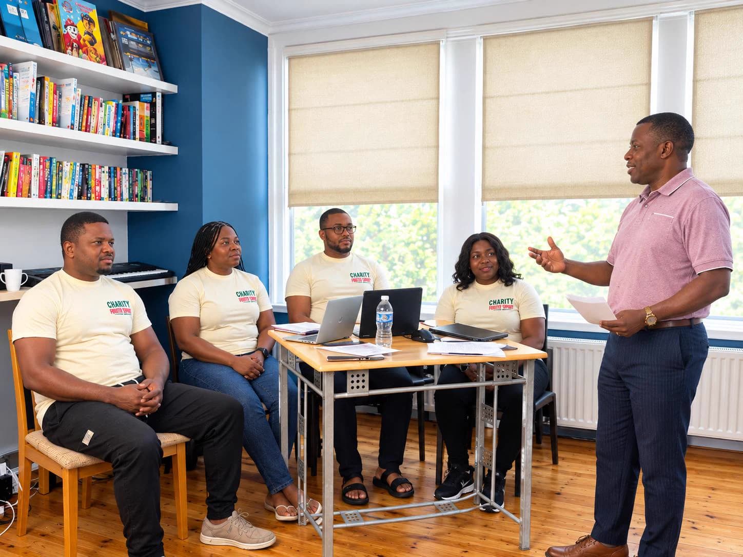 Four volunteers in cream Charity t-shirts seated around a table with laptops, listening to a man in a pink polo shirt who stands at the right with notes in his hand, in a room with bookshelves and window blinds.