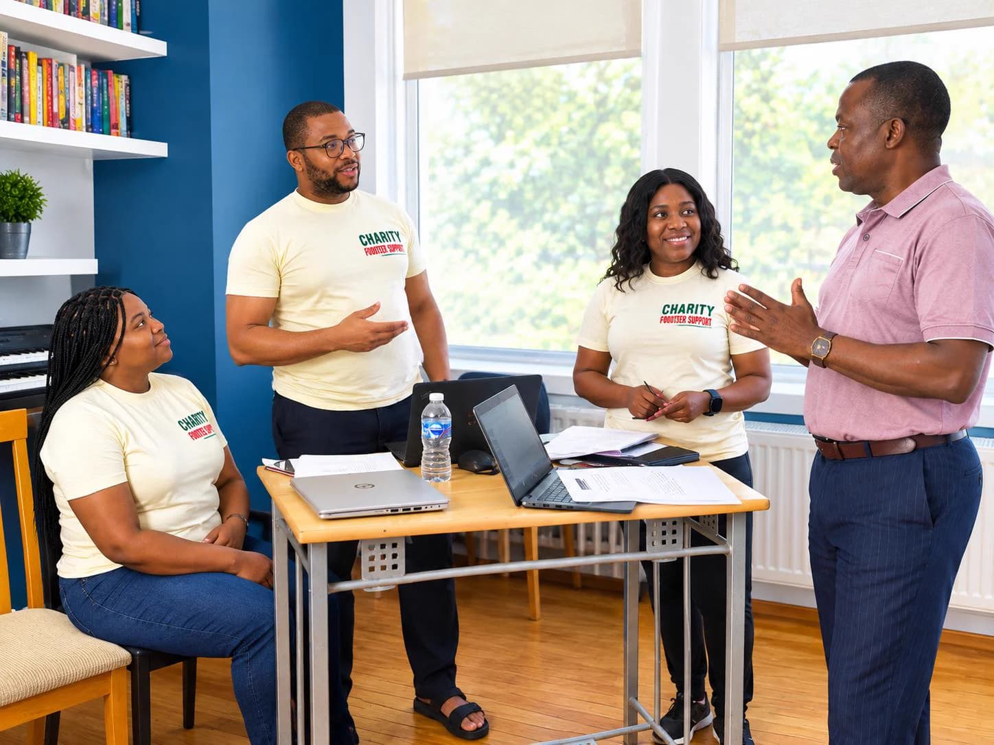 A volunteer in a cream Charity t-shirt speaking with an open hand while a seated volunteer, a volunteer holding a pen and a man in a pink polo shirt listen, around a table with laptops.