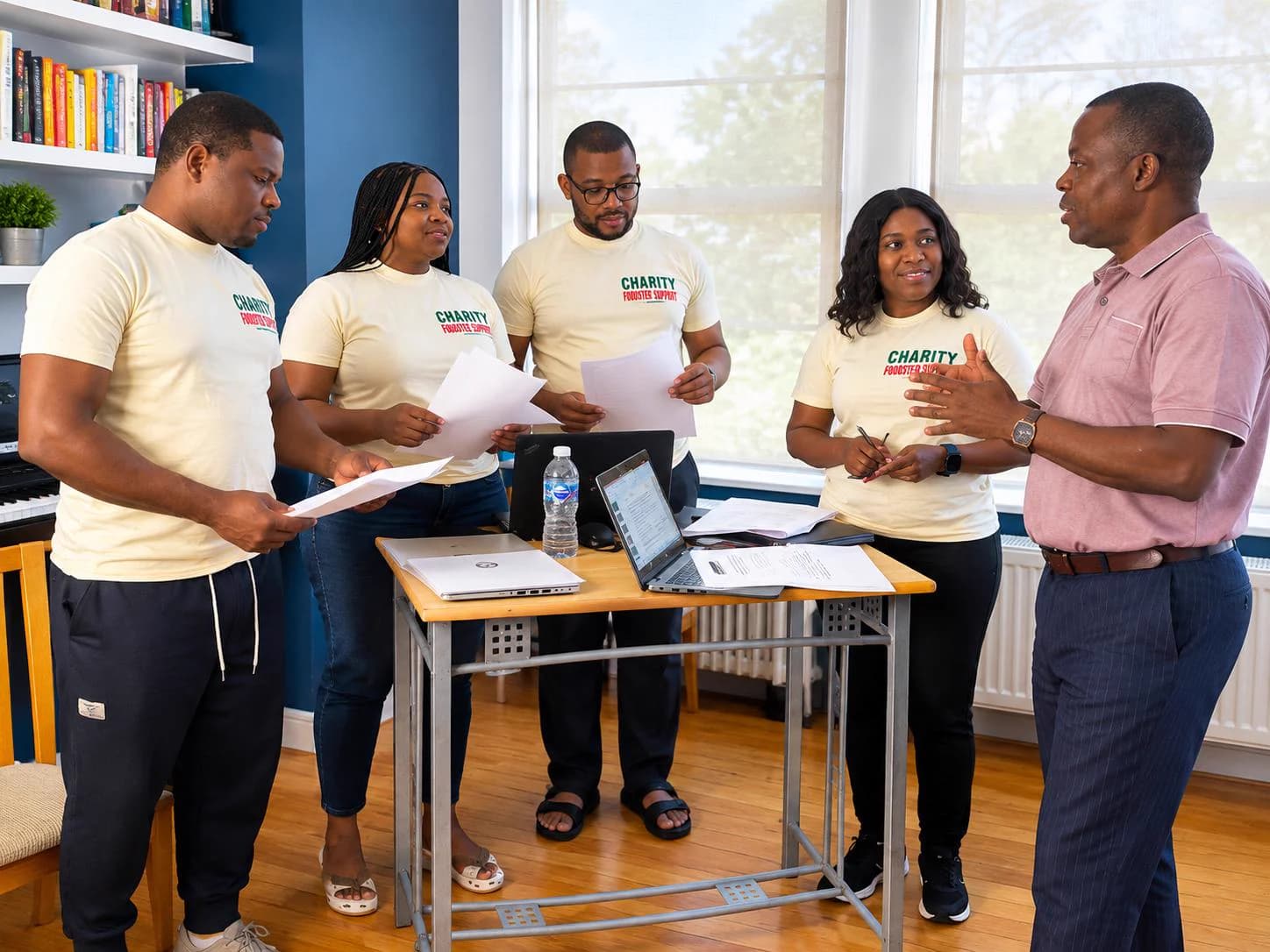Four volunteers in cream Charity t-shirts standing around a high table with laptops, reading from sheets of paper, while a man in a pink polo shirt talks with his hands.