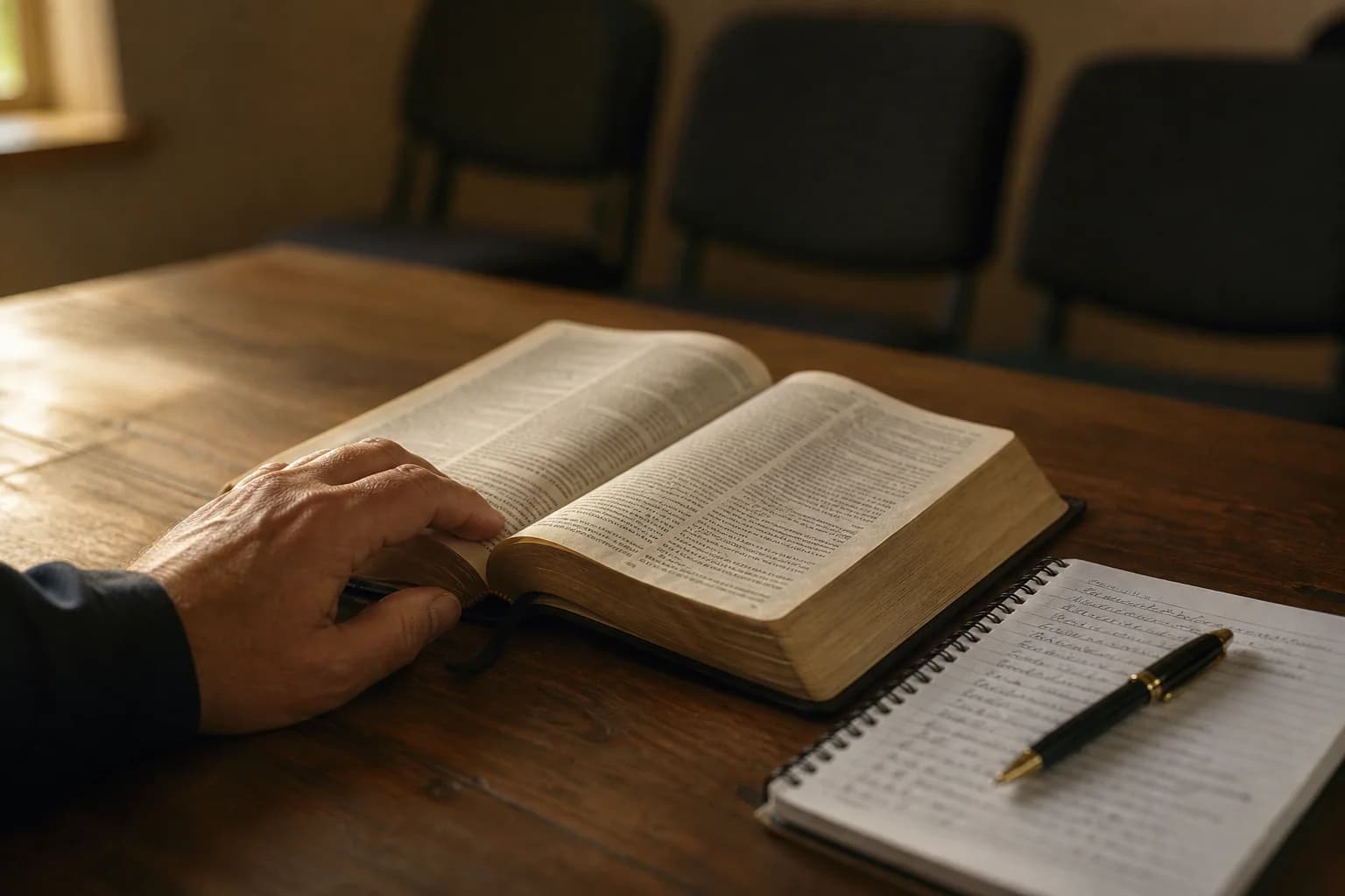 Bibles, notebooks and study material on a table.