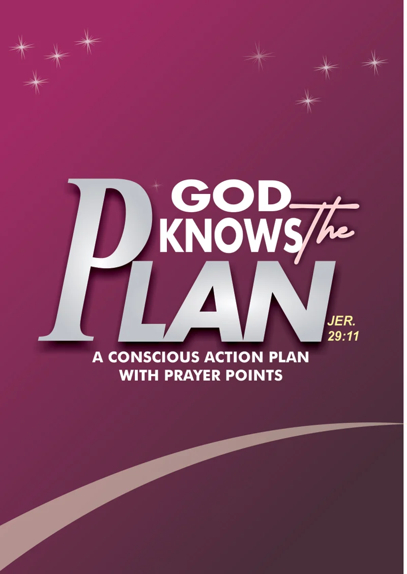Cover of God Knows the Plan: a conscious action plan with prayer points, on a plum background with the reference Jeremiah 29:11.