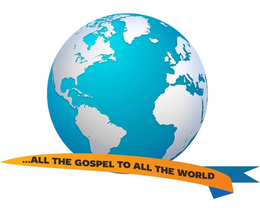 The church's emblem: a globe with a ribbon beneath it reading …All the Gospel to All the World.