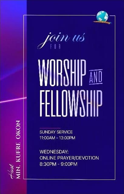 The front of the flyer: Join us for Worship & Fellowship. Sunday service, 11am to 1pm. Wednesday: online prayer and devotion, 8:30pm to 9pm. Host: Min. Kufre Okon. (Violet design.)