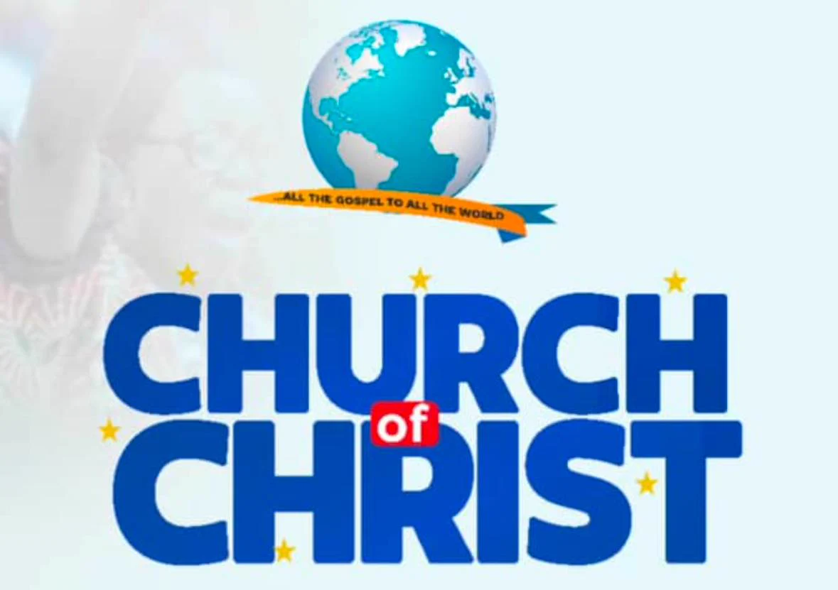 The Church of Christ logotype in blue with a red "of", gold stars and the globe emblem above it.